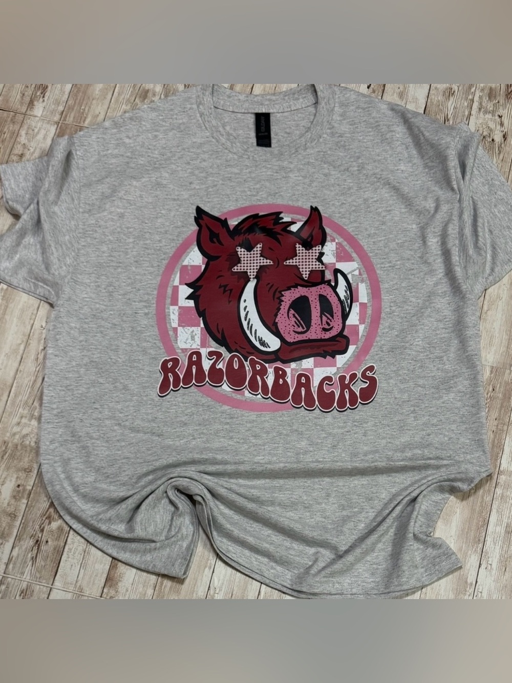 Gildan Ash Gray Shirt Red Pink Razorbacks Design